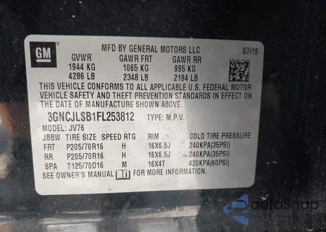 2015 Chevrolet Trax Lt z USA, uszkodzony, nr VIN 3GNCJLSB1FL253812